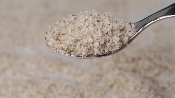 A full spoon of psyllium nutritional supplement. Falling husks close-up