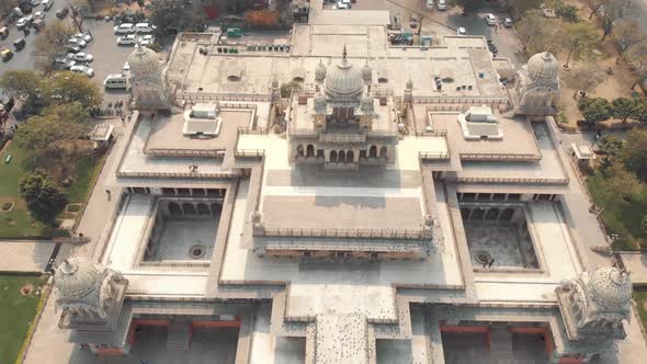 Beautiful Albert Hall Museum in Ram Niwas garden, Jaipur, Rajasthan. Aerial Ascending tilt-up reveal