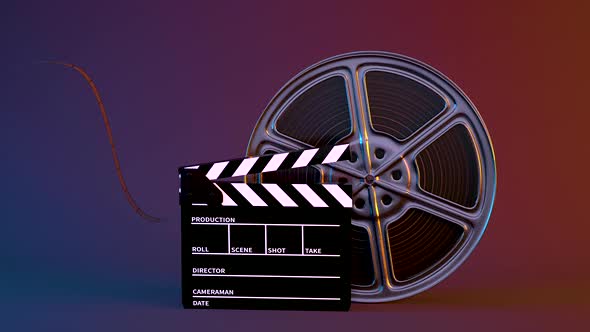 Clapper board and rotating film tape.