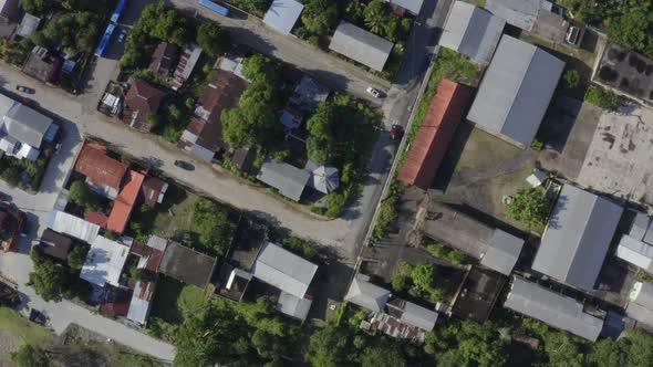 Top down aerial view of a village slowly zooming in with a slight turning view