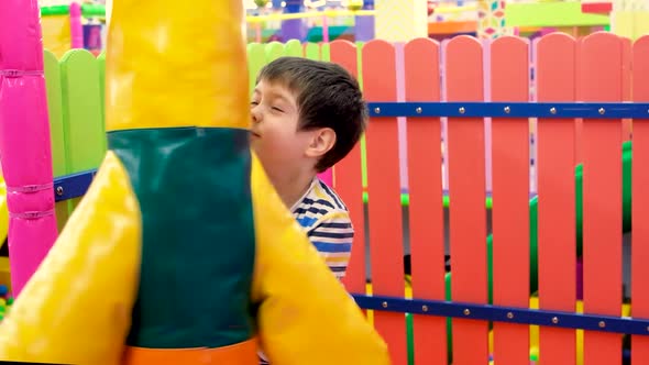 A Preschool Boy of 4 Years Old Plays with a Punching Bag for Boxing in the Playroom
