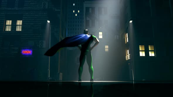 Superhero standing on the street at the night. Cartoon character in macho pose