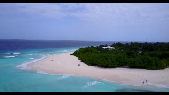 Aerial top down nature of perfect bay beach wildlife by blue green lagoon and clean sand background 