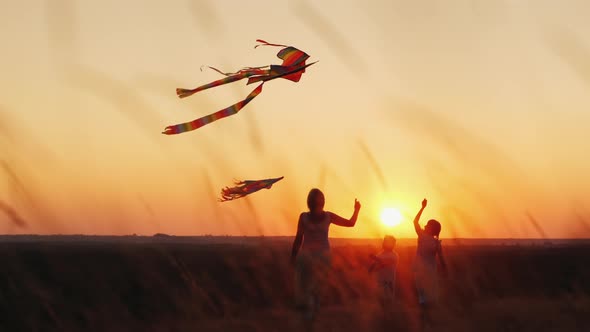 Mom with Two Children Have Fun in Nature Play Kites