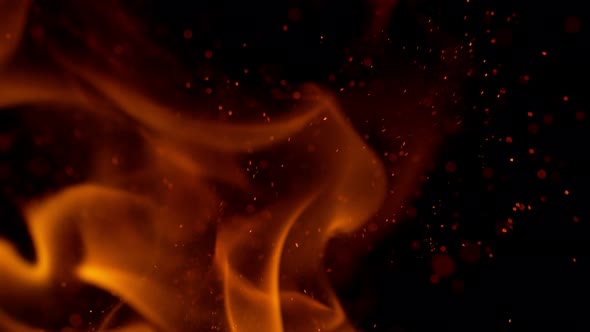 Super Slow Motion Shot of Fire and Sparks Isolated on Black Background at 1000Fps