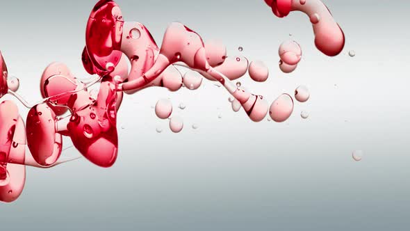 transparent red oil bubbles and fluid shapes in purified water on a white gradient background. Side