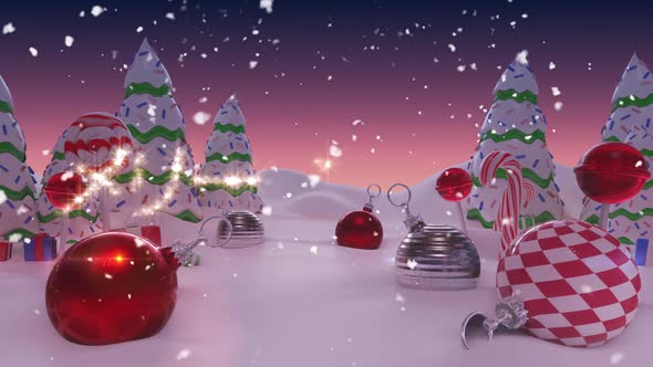Animation of Japanese Christmas message written in shiny letter on snowy landscape