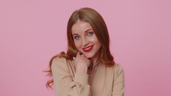 Cheerful Lovely Businesswoman Girl Fashion Model in Beige Blouse Smiling and Looking at Camera