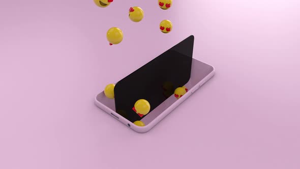 3d Minimal pink mobile phone, emojis flying or rising up from the cellphone.