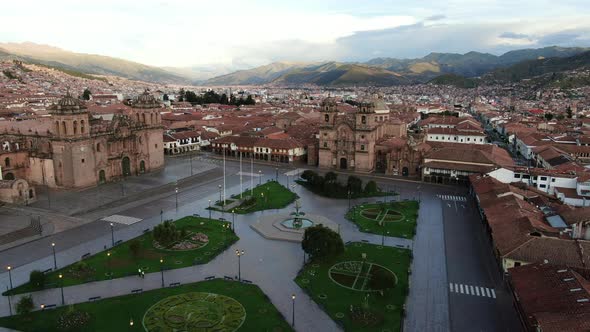 Daytime 4k aerial footage of Plaza de Armas in Cusco City, Peru during Coronavirus quarantine, left