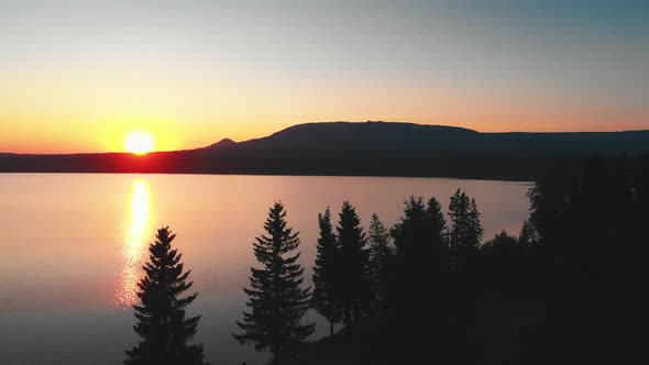 Landscape of Nature - Late Orange Sunset and Coniferous Trees