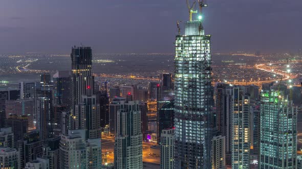 Amazing Aerial View of Dubai Downtown Skyscrapers Night to Day Timelapse Dubai United Arab Emirates