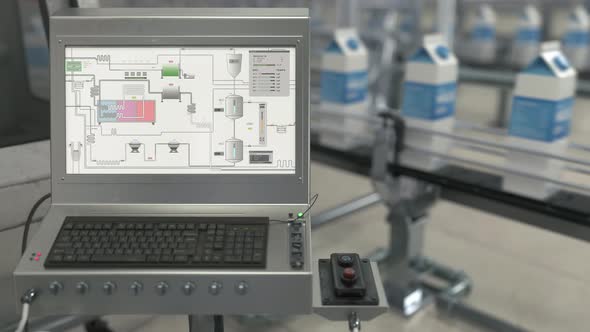 Modern Industrial Machine Controls Production Conveyor At Milk Factory alt
