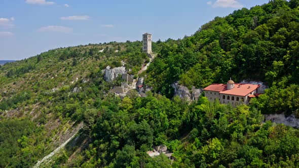 Historical architecture located on hills. Panoramic view of buildings in the mountains 