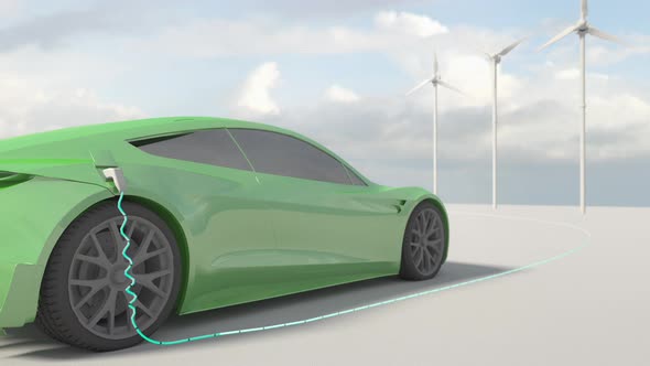 Close-up of an green electric car charging with green hills