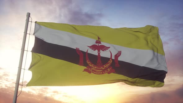 Flag of Brunei Waving in the Wind Sky and Sun Background