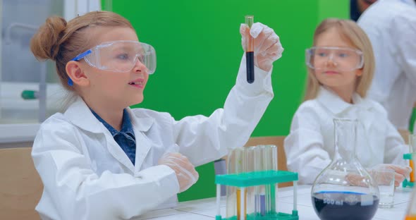 Group of Kids Making Experiments in Chemistry Class