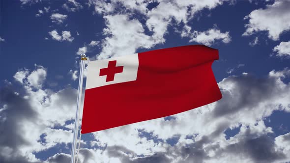 Tonga Flag With Sky 4k