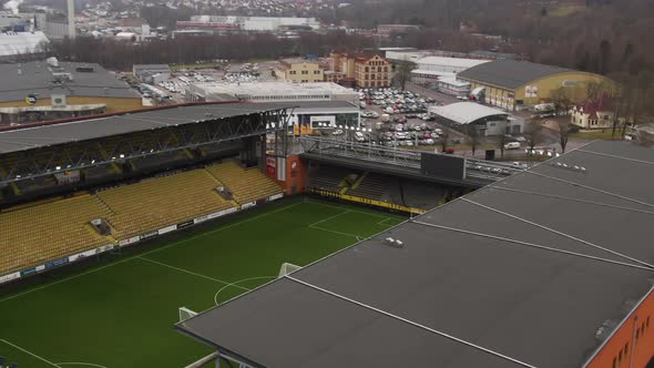 Local team of Elfsborg soccer stadium in Sweden, aerial orbit shot