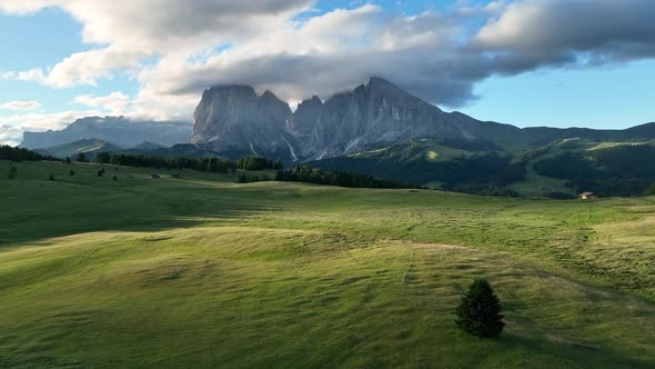 Sunrise on the Seiser Alm in the Dolomites mountains