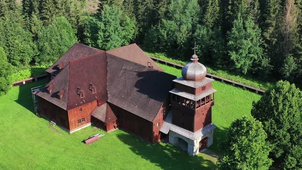 Aerial view of the Articular wooden church in the village of Svaty Kriz in Slovakia