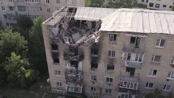 Aerial View of a Destroyed Building in the City of Makariv Ukraine