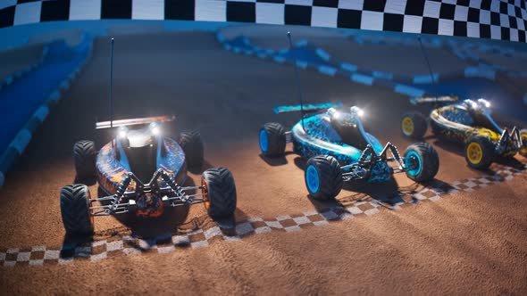 Three RC-cars standing on a start line, ready for a night toy race. 4KHD