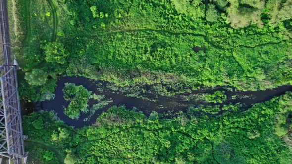 Aerial View of Railway Bridge Across the River in the Early Morning