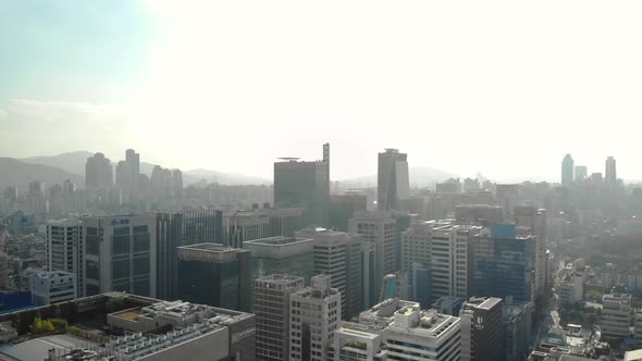 Aerial Footage of Korea city, Seoul city, Landscape, Skyline , Gangnam. Movement of the Drone up.