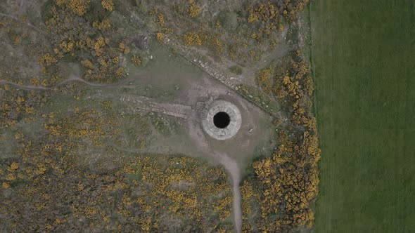 Aerial Top Down View Of The Ruin Of The Flue Chimney - Ballycorus Leadmines Tower In Dublin, Ireland