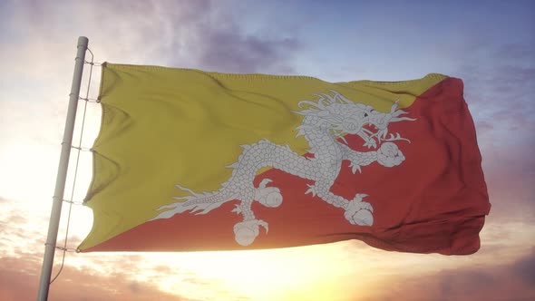 Flag of Bhutan Waving in the Wind Sky and Sun Background