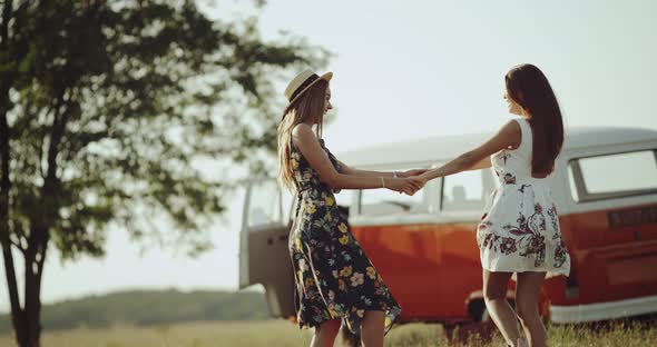 Two Best Friends Ladies Dancing Happy in a Vintage