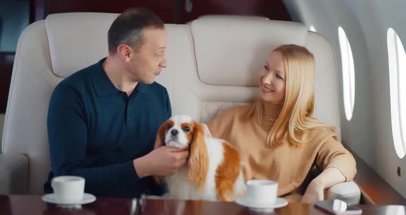 Mature Couple Travelling in First Class Airplane with Cute Dog