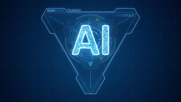 Blue triangle and AI with HUD circle rotation technology interface abstract background