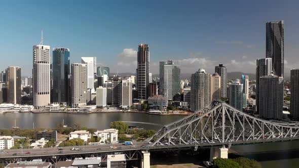 Brisbane city with CBD and Story Bridge, aerial drone panoramic