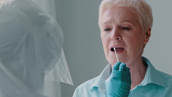 Portrait Old Sick Woman Closeup Female Wrinkled Face Opens Mouth Donates Saliva for Analysis of Dna