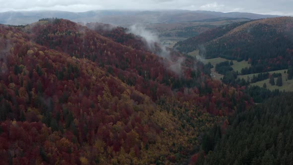 Rolling Clouds During Misty Morning Over Autumnal Forest Mountains In Romania. - Aerial Drone Shot