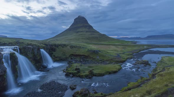 Kirkjufell Mountain and Kirkjufellsfoss Waterfall in Summer. Iceland