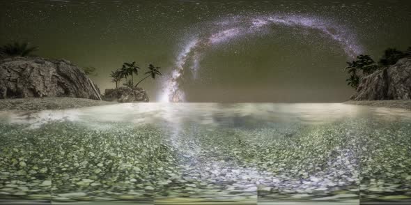 VR 360 Beautiful Fantasy Tropical Beach with Milky Way Star in Night Skies