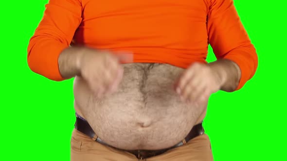 Big Hairy Belly of a Man, Close Up Shot. His Bare Belly Is Jiggling As He Running, Green Screen