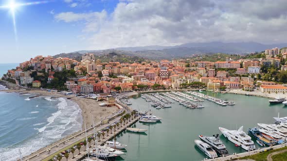 Aerial View From Flight Drone of Vieux Port Maurizio Shoreline in South Italian Region Liguria with