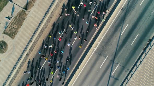 Marathon Running on the Road. Top View Shot