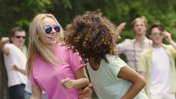 Two Beautiful Girls Smiling, Dancing With Friends at Party, Healthy Lifestyle