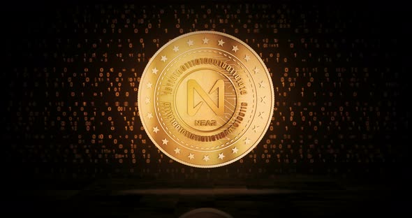 Near cryptocurrency golden coin loop on digital background