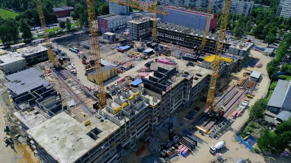 Top view of construction site. Construction of new panel residential complex