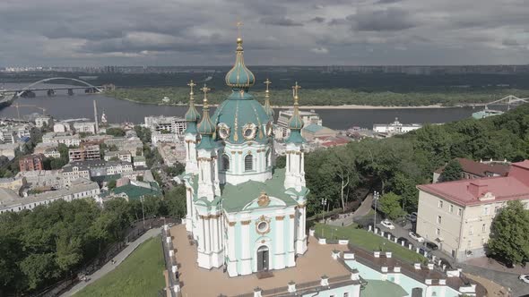 Kyiv. Ukraine. St. Andrew's Church. Aerial. Flat, Gray