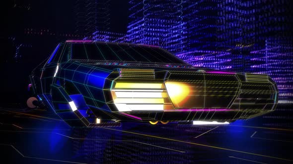 Digital.Futuristic Car Moving. Neon Lights.Cyber and Science Fiction. Animation alt