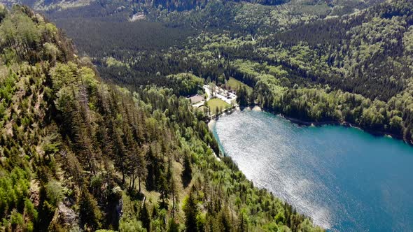 Beautiful view from the Signalkogel to the Lake Langbathsee and Mountains drone video