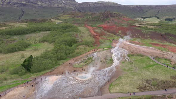 Flying Above Strokkur Geysir in Iceland