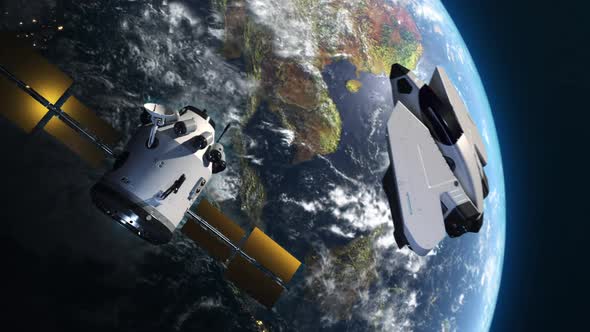 spaceship docking with satellite or space station, concept of future technologies